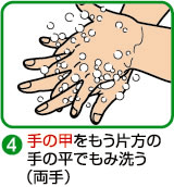 手の甲をもう片方の手の平で、もみ洗う